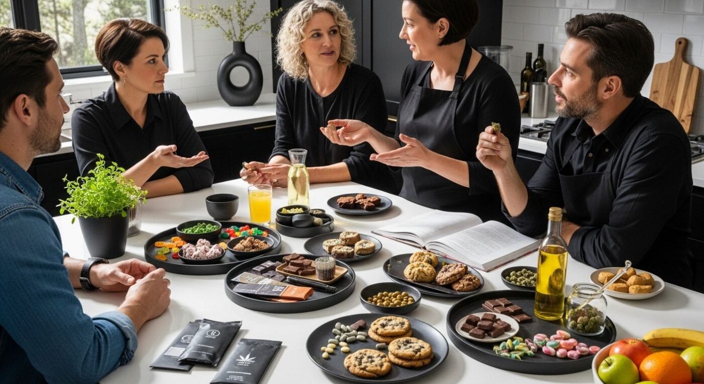 cannabis edibles assortment, people tasting edibles